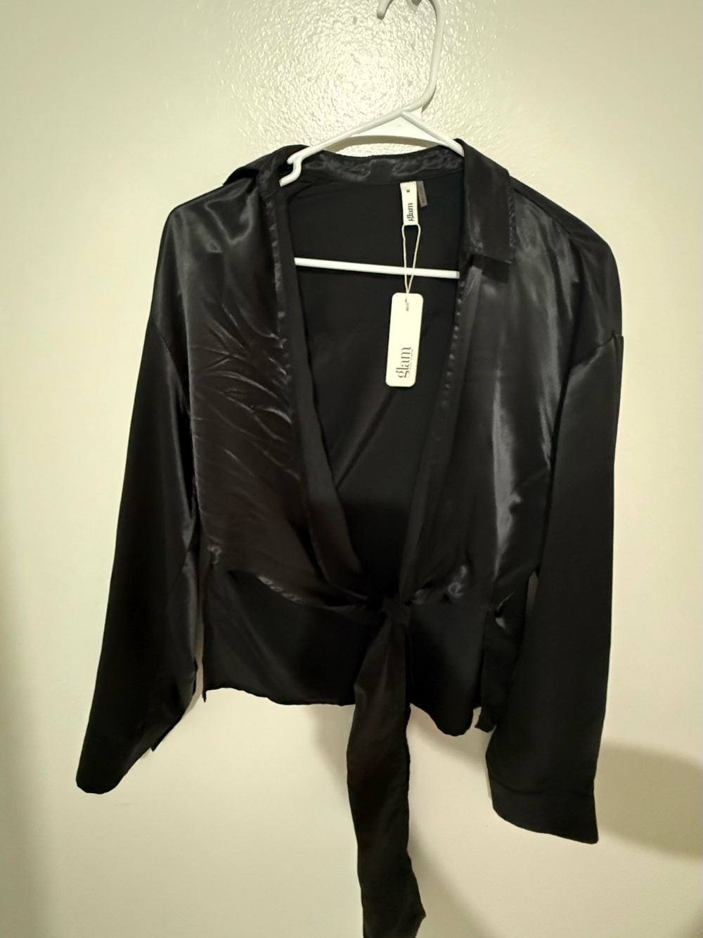 glam Black Satin Tie-Waist Blazer